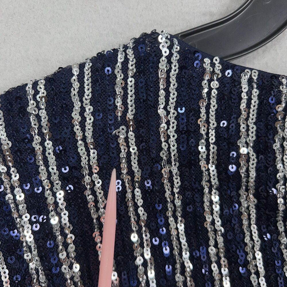 Anthropologie Flat White Dress Women Small Navy Blue Silver Sequin Striped Party - Picture 15 of 16
